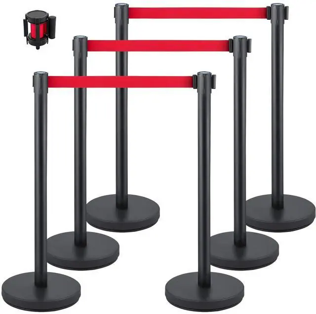 Main image of Crowd Control Stanchion, Set of 6 Pieces Stanchion Set, Stanchion Set w/ 6.6 ft/2 m Red Retractable Belt, Crowd Control Barrier w/Rubber Base Easy Connect Assembly for Crowd Control (Black)