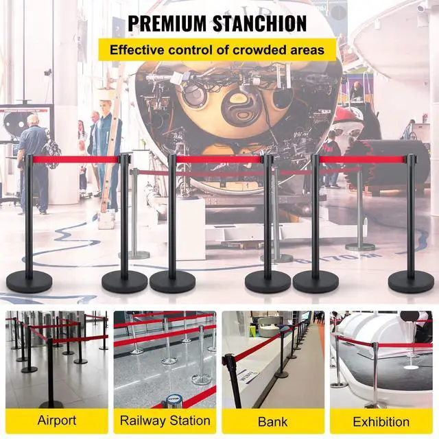 Alt view image 2 of 6 - Crowd Control Stanchion, Set of 6 Pieces Stanchion Set, Stanchion Set w/ 6.6 ft/2 m Red Retractable Belt, Crowd Control Barrier w/Rubber Base Easy Connect Assembly for Crowd Control (Black)