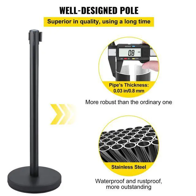 Alt view image 3 of 6 - Crowd Control Stanchion, Set of 6 Pieces Stanchion Set, Stanchion Set w/ 6.6 ft/2 m Red Retractable Belt, Crowd Control Barrier w/Rubber Base Easy Connect Assembly for Crowd Control (Black)