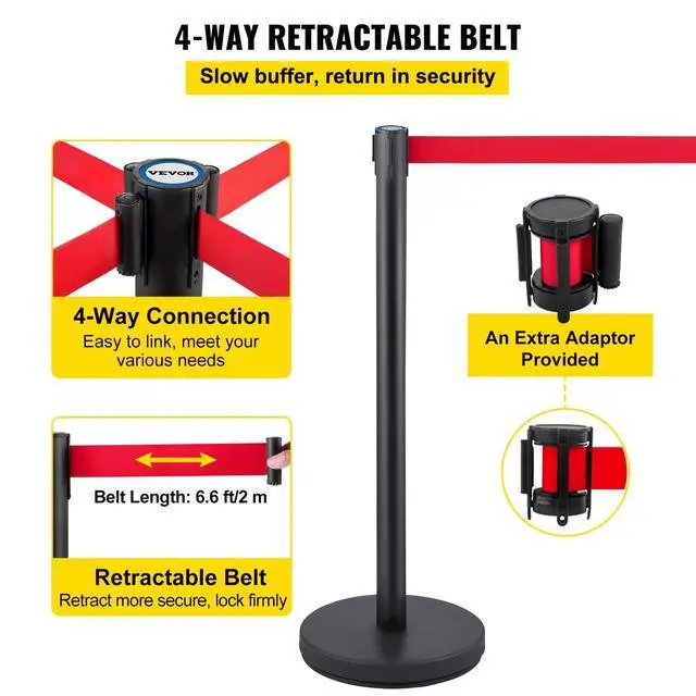 Alt view image 4 of 6 - Crowd Control Stanchion, Set of 6 Pieces Stanchion Set, Stanchion Set w/ 6.6 ft/2 m Red Retractable Belt, Crowd Control Barrier w/Rubber Base Easy Connect Assembly for Crowd Control (Black)