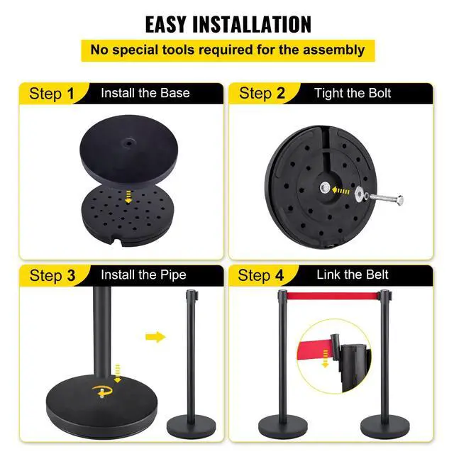 Alt view image 6 of 6 - Crowd Control Stanchion, Set of 6 Pieces Stanchion Set, Stanchion Set w/ 6.6 ft/2 m Red Retractable Belt, Crowd Control Barrier w/Rubber Base Easy Connect Assembly for Crowd Control (Black)