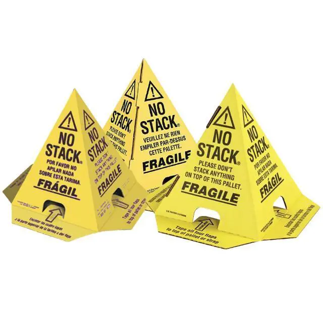 Alt view image 2 of 5 - Primepack No Stack Pallet Cones | Safe Shipping and Handling Alerts | Yellow/Black | English, Spanish, French | 200 Pack