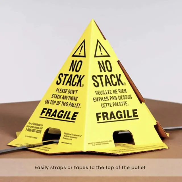 Alt view image 3 of 5 - Primepack No Stack Pallet Cones | Safe Shipping and Handling Alerts | Yellow/Black | English, Spanish, French | 200 Pack