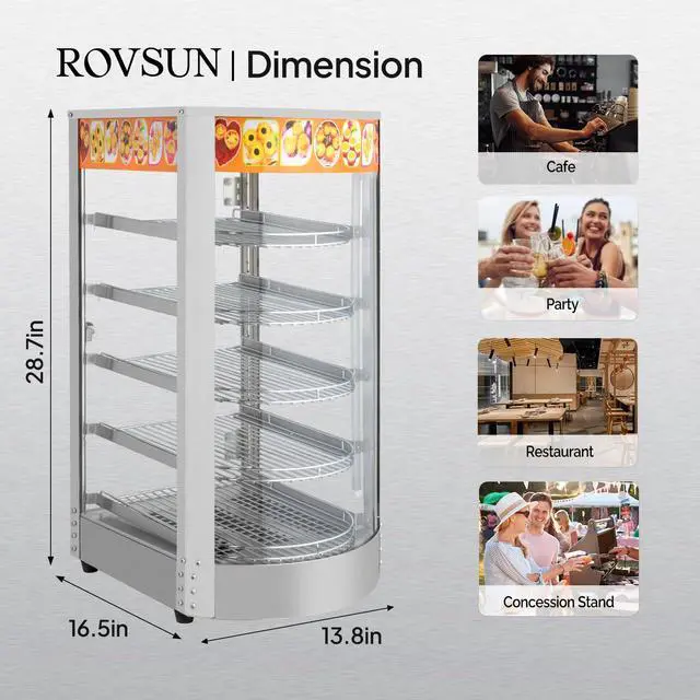Alt view image 6 of 6 - 5-Tier Commercial Food Warmer Pizza Warmer Countertop, Food Warmer Display with LED Lighting Removable Shelves Glass Door, Pretzel Warmer for Buffet Restaurant Cafe, 110V 800W