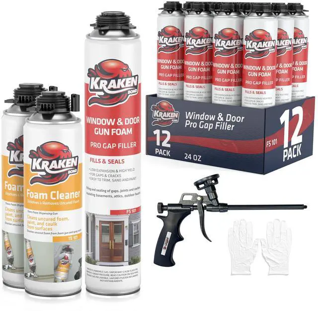 Main image of Window & Door Expanding Foam Sealant - (12x24oz) Professional Gap Filling Gun Use Polyurethane Spray Foam, Low Expansion Waterproof Gap Filler, Gun&Cleaner Included - 12 Pack
