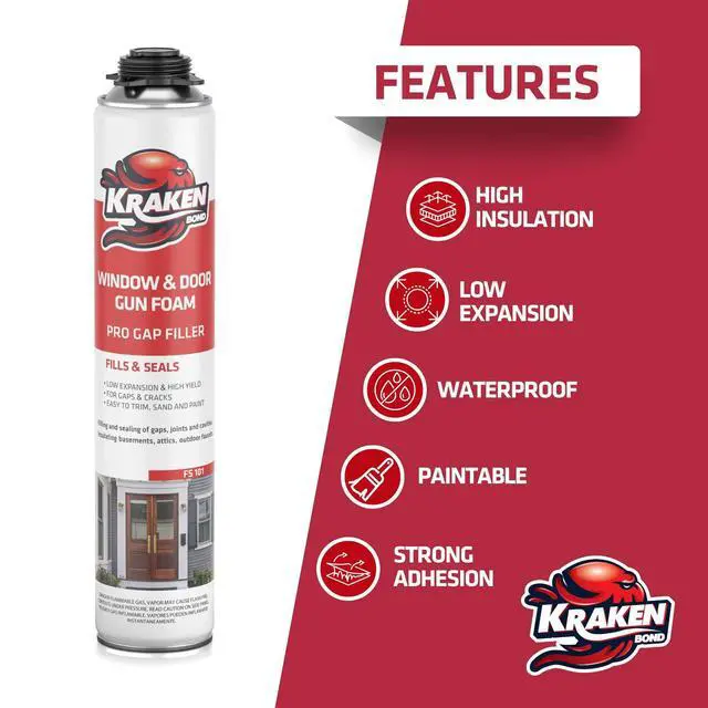 Alt view image 3 of 6 - Window & Door Expanding Foam Sealant - (12x24oz) Professional Gap Filling Gun Use Polyurethane Spray Foam, Low Expansion Waterproof Gap Filler, Gun&Cleaner Included - 12 Pack