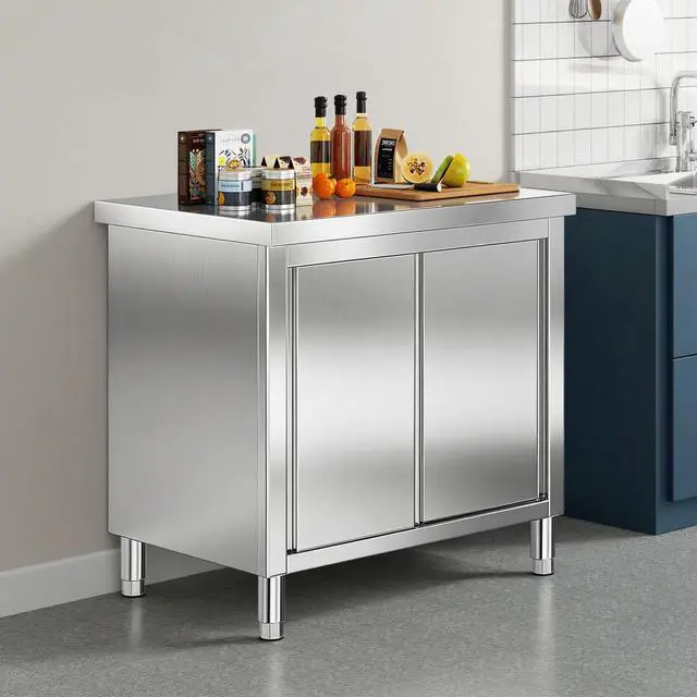 Alt view image 2 of 6 - 36" x 24" x 33.5" Stainless Steel Work Table with Cabinet, Stainless Steel Table Cabinet with Sliding Doors for Prep Work for Home, Restaurant, Garage and Hotel