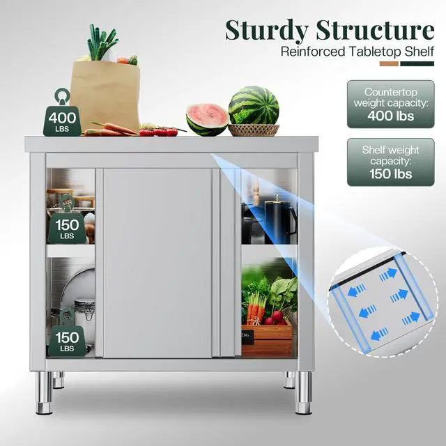Alt view image 4 of 6 - 36" x 24" x 33.5" Stainless Steel Work Table with Cabinet, Stainless Steel Table Cabinet with Sliding Doors for Prep Work for Home, Restaurant, Garage and Hotel