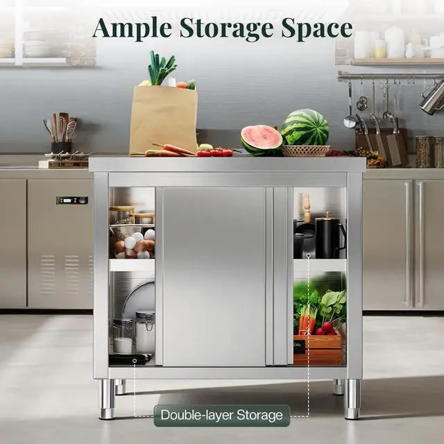 Alt view image 5 of 6 - 36" x 24" x 33.5" Stainless Steel Work Table with Cabinet, Stainless Steel Table Cabinet with Sliding Doors for Prep Work for Home, Restaurant, Garage and Hotel