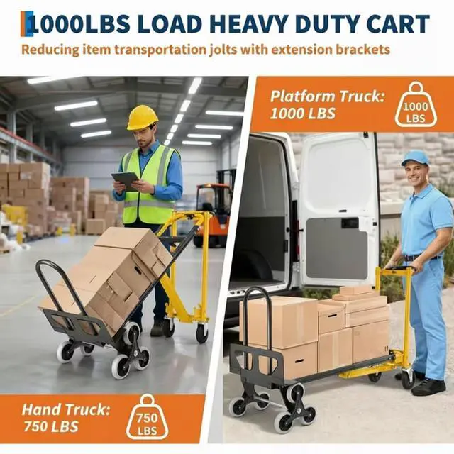 Alt view image 5 of 6 - Heavy Duty Stair Climbing Hand Truck - 1000 LBS Capacity 4-in-1 Convertible Dolly Cart, Foldable Platform Utility Cart for Moving Boxes, Industrial Grade Steel Construction(Yellow)