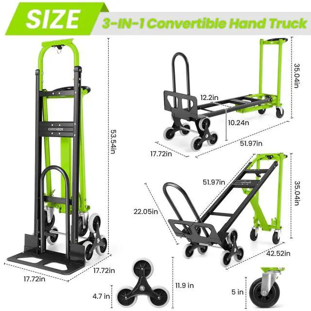 Alt view image 3 of 6 - Heavy Duty Stair Climbing Hand Truck - 1000 LBS Capacity 4-in-1 Convertible Dolly Cart, Foldable Platform Utility Cart for Moving Boxes, Industrial Grade Steel Construction(Green)