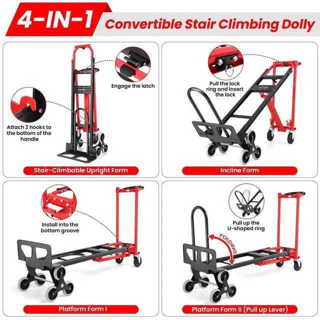 Alt view image 4 of 6 - Heavy Duty Stair Climbing Hand Truck - 1000 LBS Capacity 4-in-1 Convertible Dolly Cart, Foldable Platform Utility Cart for Moving Boxes, Industrial Grade Steel Construction(red)