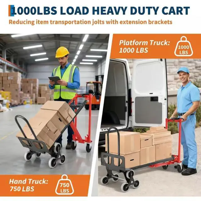 Alt view image 6 of 6 - Heavy Duty Stair Climbing Hand Truck - 1000 LBS Capacity 4-in-1 Convertible Dolly Cart, Foldable Platform Utility Cart for Moving Boxes, Industrial Grade Steel Construction(red)