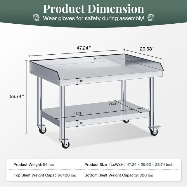 Alt view image 2 of 6 - 48"x30" Stainless Steel Equipment Stand & Equipment Grill Stand Table, NSF Certified with Adjustable Undershelf, Wheels and Edge Baffle for Commercial Kitchen, Restaurant & Home
