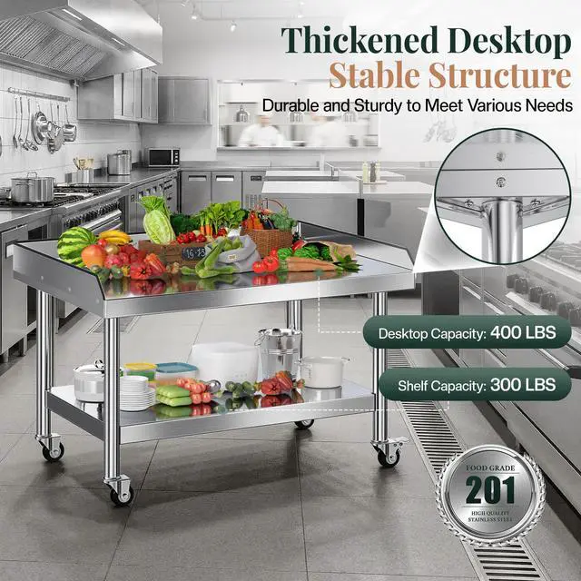Alt view image 4 of 6 - 48"x30" Stainless Steel Equipment Stand & Equipment Grill Stand Table, NSF Certified with Adjustable Undershelf, Wheels and Edge Baffle for Commercial Kitchen, Restaurant & Home