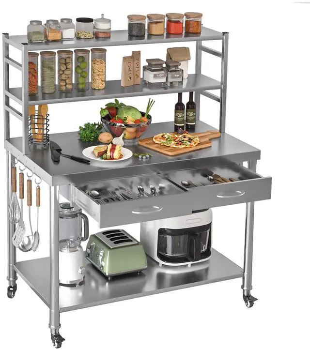 Main image of Stainless Steel Table with Shelves and Drawer 48"x24" Prep Table for Commercial Kitchen Steel Countertop with 2 Adjustable Tier Overshelves Work Tables Workbench for Home Restaurant Garage