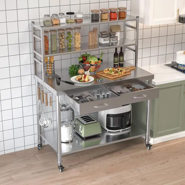 Alt view image 2 of 6 - Stainless Steel Table with Shelves and Drawer 48"x24" Prep Table for Commercial Kitchen Steel Countertop with 2 Adjustable Tier Overshelves Work Tables Workbench for Home Restaurant Garage