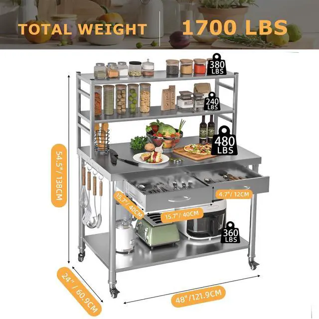 Alt view image 3 of 6 - Stainless Steel Table with Shelves and Drawer 48"x24" Prep Table for Commercial Kitchen Steel Countertop with 2 Adjustable Tier Overshelves Work Tables Workbench for Home Restaurant Garage