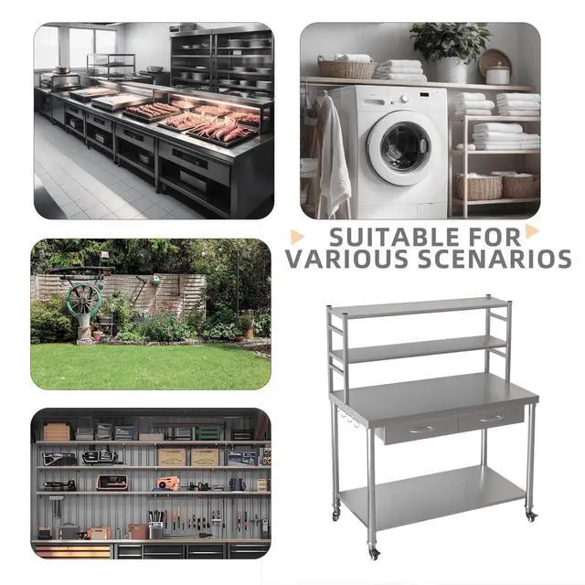 Alt view image 4 of 6 - Stainless Steel Table with Shelves and Drawer 48"x24" Prep Table for Commercial Kitchen Steel Countertop with 2 Adjustable Tier Overshelves Work Tables Workbench for Home Restaurant Garage
