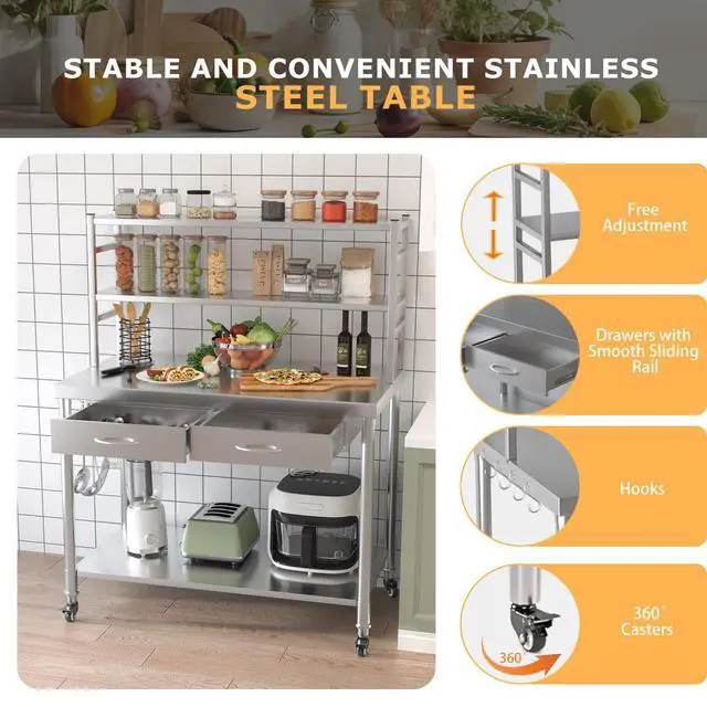 Alt view image 5 of 6 - Stainless Steel Table with Shelves and Drawer 48"x24" Prep Table for Commercial Kitchen Steel Countertop with 2 Adjustable Tier Overshelves Work Tables Workbench for Home Restaurant Garage