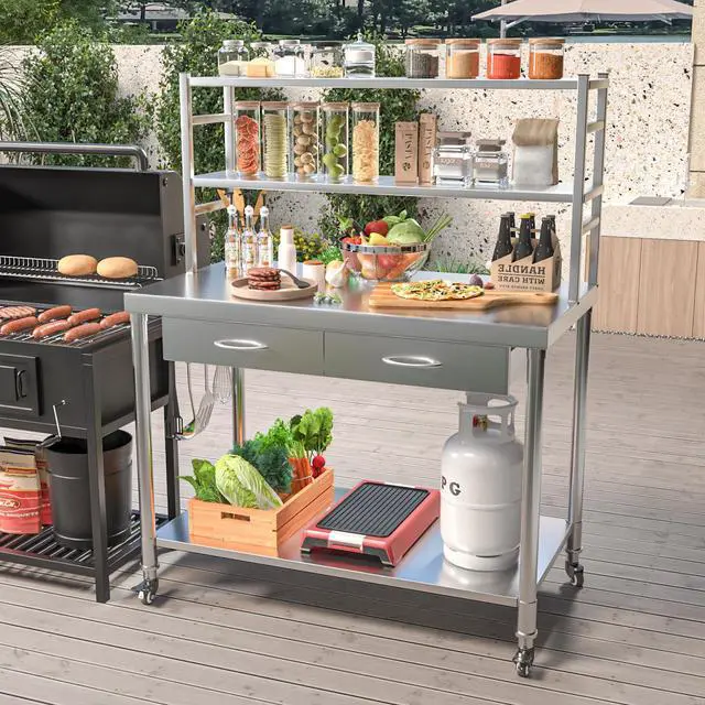 Alt view image 6 of 6 - Stainless Steel Table with Shelves and Drawer 48"x24" Prep Table for Commercial Kitchen Steel Countertop with 2 Adjustable Tier Overshelves Work Tables Workbench for Home Restaurant Garage