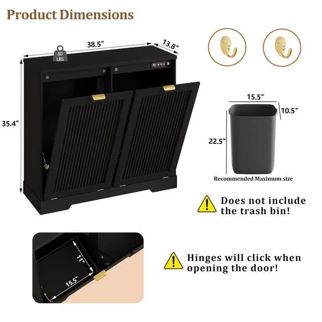 Alt view image 2 of 6 - 2 X 13 Gallons Double Tilt Out Trash Can Cabinet with Deodorising Function, Wood Fluted Trash FreeStanding Recycling Cabinet, Laundry Cabinet Pet Proof Trash Can Holder for Kitchen Living Room, Black