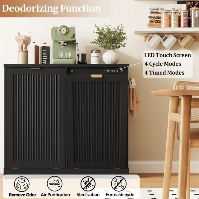 Alt view image 3 of 6 - 2 X 13 Gallons Double Tilt Out Trash Can Cabinet with Deodorising Function, Wood Fluted Trash FreeStanding Recycling Cabinet, Laundry Cabinet Pet Proof Trash Can Holder for Kitchen Living Room, Black