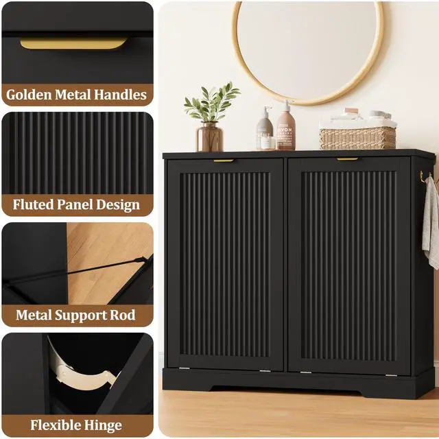 Alt view image 4 of 6 - 2 X 13 Gallons Double Tilt Out Trash Can Cabinet with Deodorising Function, Wood Fluted Trash FreeStanding Recycling Cabinet, Laundry Cabinet Pet Proof Trash Can Holder for Kitchen Living Room, Black