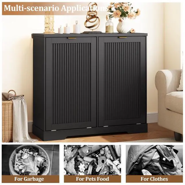 Alt view image 5 of 6 - 2 X 13 Gallons Double Tilt Out Trash Can Cabinet with Deodorising Function, Wood Fluted Trash FreeStanding Recycling Cabinet, Laundry Cabinet Pet Proof Trash Can Holder for Kitchen Living Room, Black