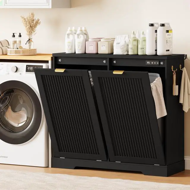 Alt view image 6 of 6 - 2 X 13 Gallons Double Tilt Out Trash Can Cabinet with Deodorising Function, Wood Fluted Trash FreeStanding Recycling Cabinet, Laundry Cabinet Pet Proof Trash Can Holder for Kitchen Living Room, Black