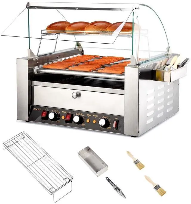 Main image of Hot Dog Roller, 30 Hot Dog 11 Rollers ETL Certified, Hot Dog Machine with Bun Warmer, Dual Temp Control, Glass Cover, LED, Side Storage Box, Shelf & Drip Tray for Home Commercial 2000W