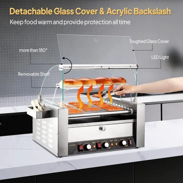 Alt view image 4 of 6 - Hot Dog Roller, 30 Hot Dog 11 Rollers ETL Certified, Hot Dog Machine with Bun Warmer, Dual Temp Control, Glass Cover, LED, Side Storage Box, Shelf & Drip Tray for Home Commercial 2000W