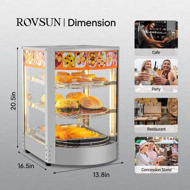Alt view image 6 of 6 - 3-Tier Food Warmer Pizza Warmer Countertop, Commerical Food Warmer Display with LED Lighting Removable Shelves Glass Door, Pretzel Warmer for Buffet Restaurant Cafe, 110V 800W