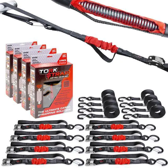 Main image of M500 | 14' x 1'' Self Tensioning Tie Down Straps - Automatically Adapt to Load Shifts - 1,500LB Break Strength - Pull Alternative to Ratchet Straps - Integrated Soft Loops & Hooks (8-PK)