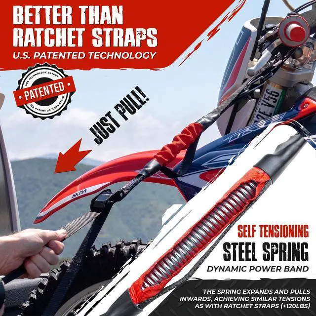 Alt view image 2 of 6 - M500 | 14' x 1'' Self Tensioning Tie Down Straps - Automatically Adapt to Load Shifts - 1,500LB Break Strength - Pull Alternative to Ratchet Straps - Integrated Soft Loops & Hooks (8-PK)