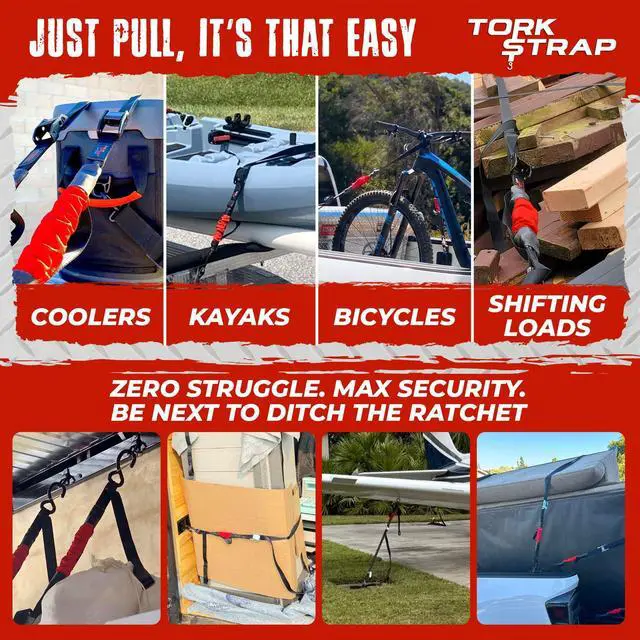 Alt view image 3 of 6 - M500 | 14' x 1'' Self Tensioning Tie Down Straps - Automatically Adapt to Load Shifts - 1,500LB Break Strength - Pull Alternative to Ratchet Straps - Integrated Soft Loops & Hooks (8-PK)