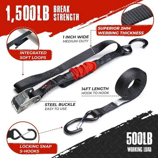 Alt view image 4 of 6 - M500 | 14' x 1'' Self Tensioning Tie Down Straps - Automatically Adapt to Load Shifts - 1,500LB Break Strength - Pull Alternative to Ratchet Straps - Integrated Soft Loops & Hooks (8-PK)