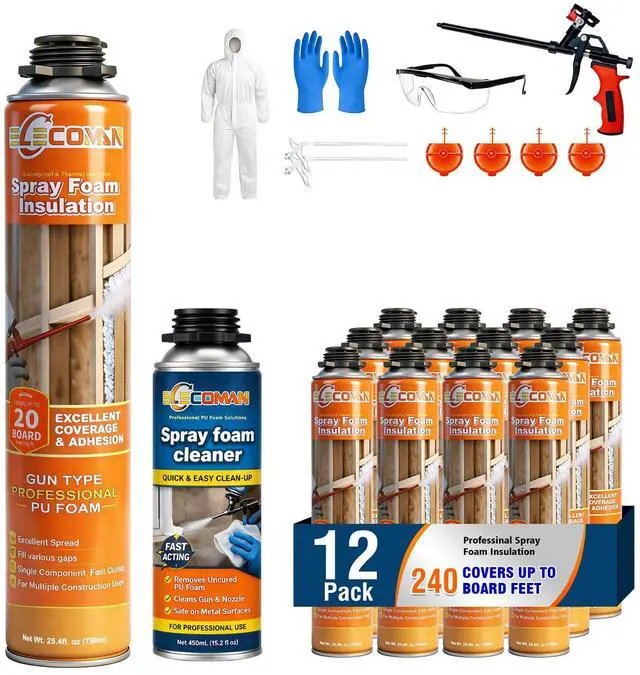 Main image of Closed Cell Spray Foam Insulation Kit 240 Sq.Ft.,High Density Polyurethane Expanding Spray Foam for Walls and Attic,Easy DIY Wide Spray Foam Kit with Gun, Cleaner & Safety Gear - 12 Pack