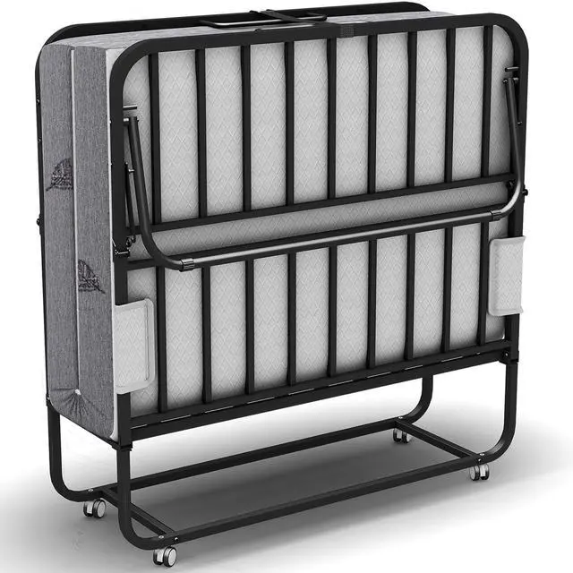 Main image of 75X46 Folding Bed with Mattress Twin XL 5" Memory Foam for Adults Rollaway Portable Foldable Guest Student Extra Bed with Side Pocket, Sturdy Metal Slats Frame on Wheels Fold Up Space-Saving