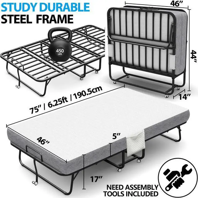 Alt view image 3 of 6 - 75X46 Folding Bed with Mattress Twin XL 5" Memory Foam for Adults Rollaway Portable Foldable Guest Student Extra Bed with Side Pocket, Sturdy Metal Slats Frame on Wheels Fold Up Space-Saving