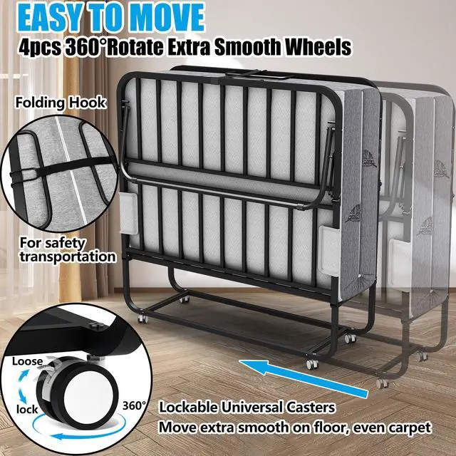 Alt view image 5 of 6 - 75X46 Folding Bed with Mattress Twin XL 5" Memory Foam for Adults Rollaway Portable Foldable Guest Student Extra Bed with Side Pocket, Sturdy Metal Slats Frame on Wheels Fold Up Space-Saving
