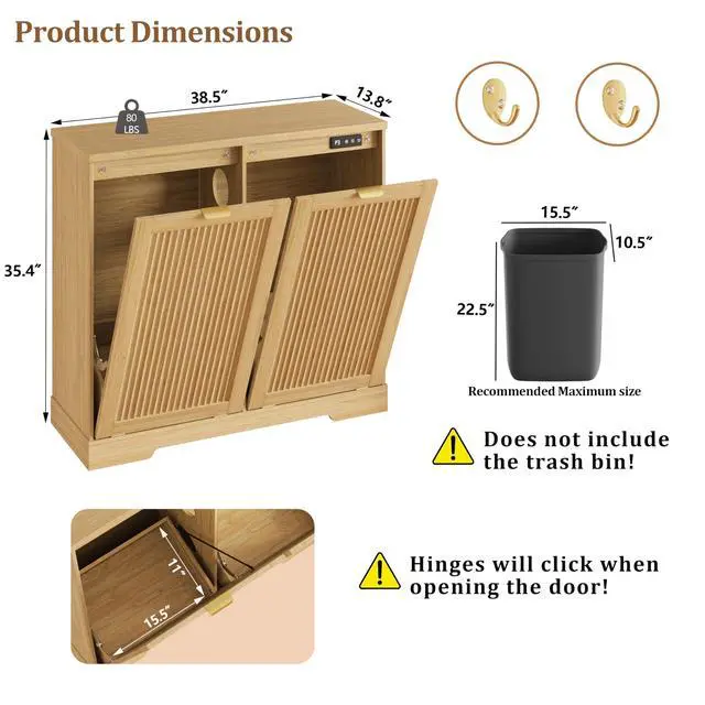 Alt view image 2 of 6 - 2 X 13 Gallons Double Tilt Out Trash Can Cabinet with Deodorising Function, Wood Fluted Trash FreeStanding Recycling Cabinet, Laundry Cabinet Pet Proof Trash Can Holder for Kitchen Living Room, Oak