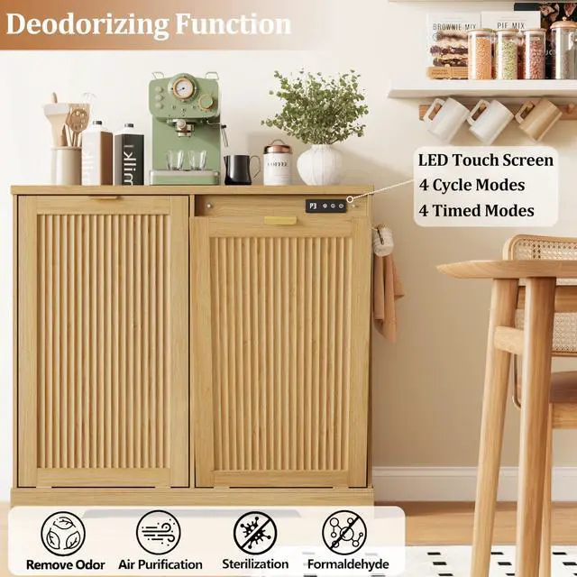 Alt view image 3 of 6 - 2 X 13 Gallons Double Tilt Out Trash Can Cabinet with Deodorising Function, Wood Fluted Trash FreeStanding Recycling Cabinet, Laundry Cabinet Pet Proof Trash Can Holder for Kitchen Living Room, Oak
