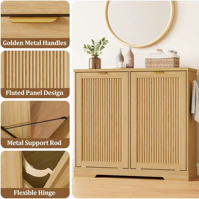 Alt view image 4 of 6 - 2 X 13 Gallons Double Tilt Out Trash Can Cabinet with Deodorising Function, Wood Fluted Trash FreeStanding Recycling Cabinet, Laundry Cabinet Pet Proof Trash Can Holder for Kitchen Living Room, Oak