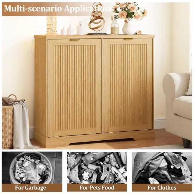 Alt view image 5 of 6 - 2 X 13 Gallons Double Tilt Out Trash Can Cabinet with Deodorising Function, Wood Fluted Trash FreeStanding Recycling Cabinet, Laundry Cabinet Pet Proof Trash Can Holder for Kitchen Living Room, Oak