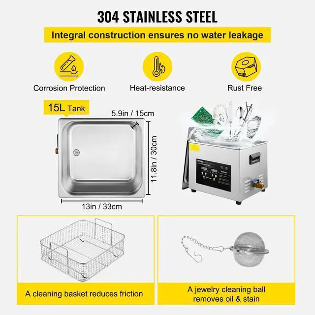 Alt view image 5 of 6 - 15L Upgraded Ultrasonic Cleaner (600W Heater,360W Ultrasonic) Professional Digital Lab Ultrasonic Parts Cleaner with Heater Timer for Glass Dental Instruments Cleaning