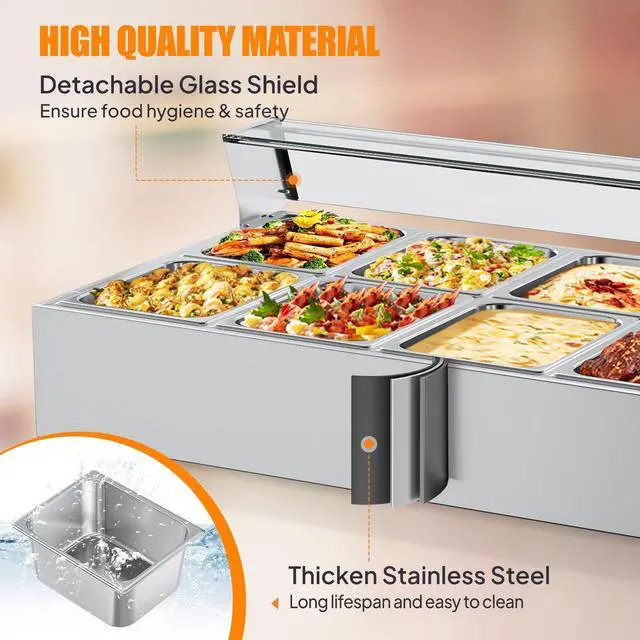 Alt view image 3 of 6 - 96QT Electric Commercial Food Warmer 1700W, 8-Pan Steam Table 12QT/Pan Stainless Steel Bain Marie w/Acrylic Shield Temperature Control & Lid for Buffet Restaurant