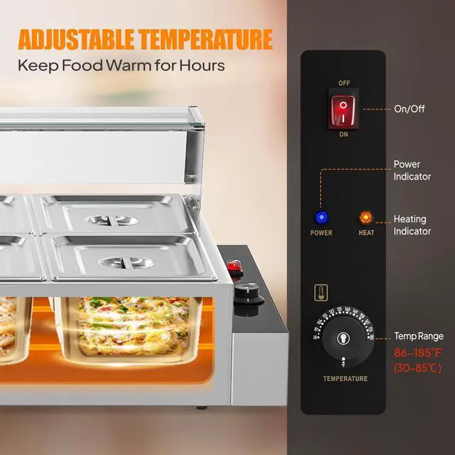 Alt view image 5 of 6 - 96QT Electric Commercial Food Warmer 1700W, 8-Pan Steam Table 12QT/Pan Stainless Steel Bain Marie w/Acrylic Shield Temperature Control & Lid for Buffet Restaurant