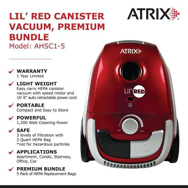 Alt view image 3 of 5 - Red Lil Portable Canister Vacuum Cleaner Premium Bundle with Extra Filters, Lightweight, 3-Stage HEPA Filtration, 2-Quart Bag, Variable Speed 1200W Motor, 16.5 Auto-Retract Cord & Tools
