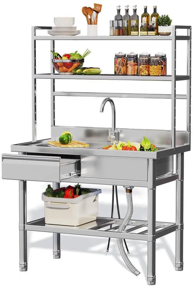 Main image of Stainless Steel Utility Sink with Shelves, Free Standing Single Bowl Commercial Kitchen Sinks with Drawer & Water Pipes, Stainless Steel Prep Table Countertop Workbench for Home Restaurant